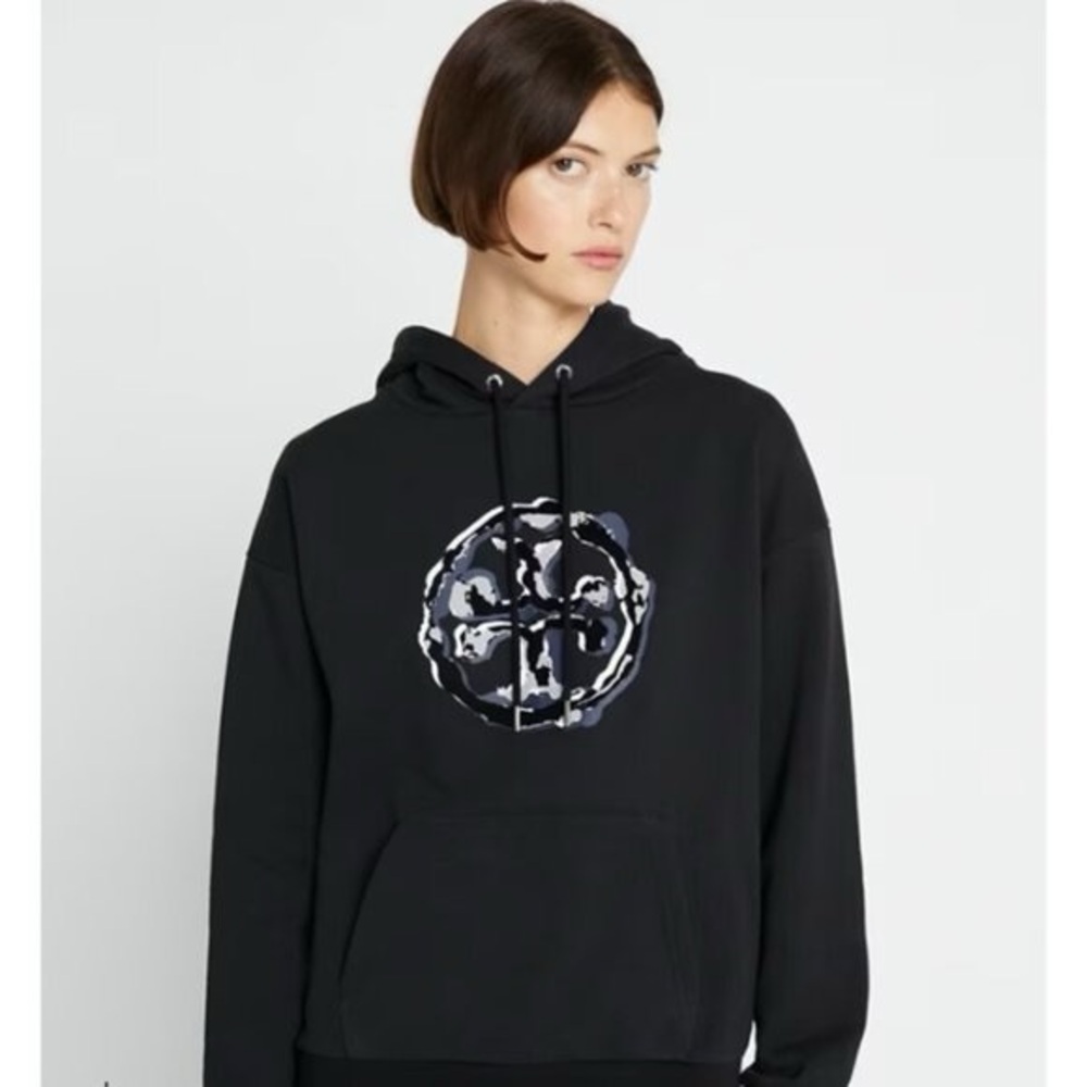 Tory Burch French terry crew neck logo Hoodie black Sz:L